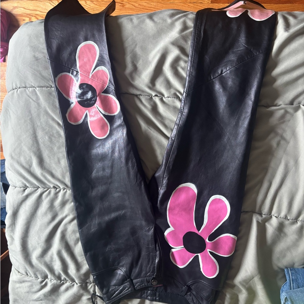 Black and Pink Floral Women's Leather Pants